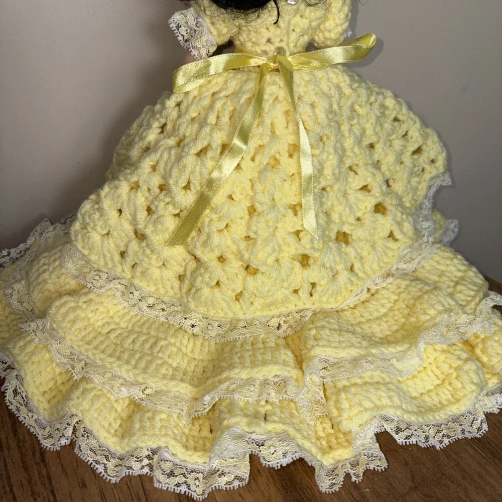 Vintage Crochet Doll Handmade Yellow Dress